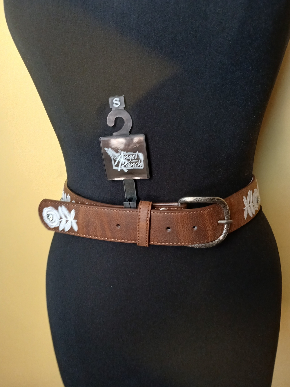 Angel Ranch Brown Leather Belt with White Floral Embroidery - Women's S